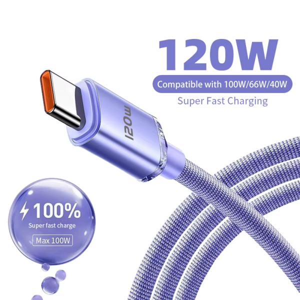 كابل USB-C شحن سريع 120 واط عالي الجودة متوافق مع سامسونج وشاومي وهواوي